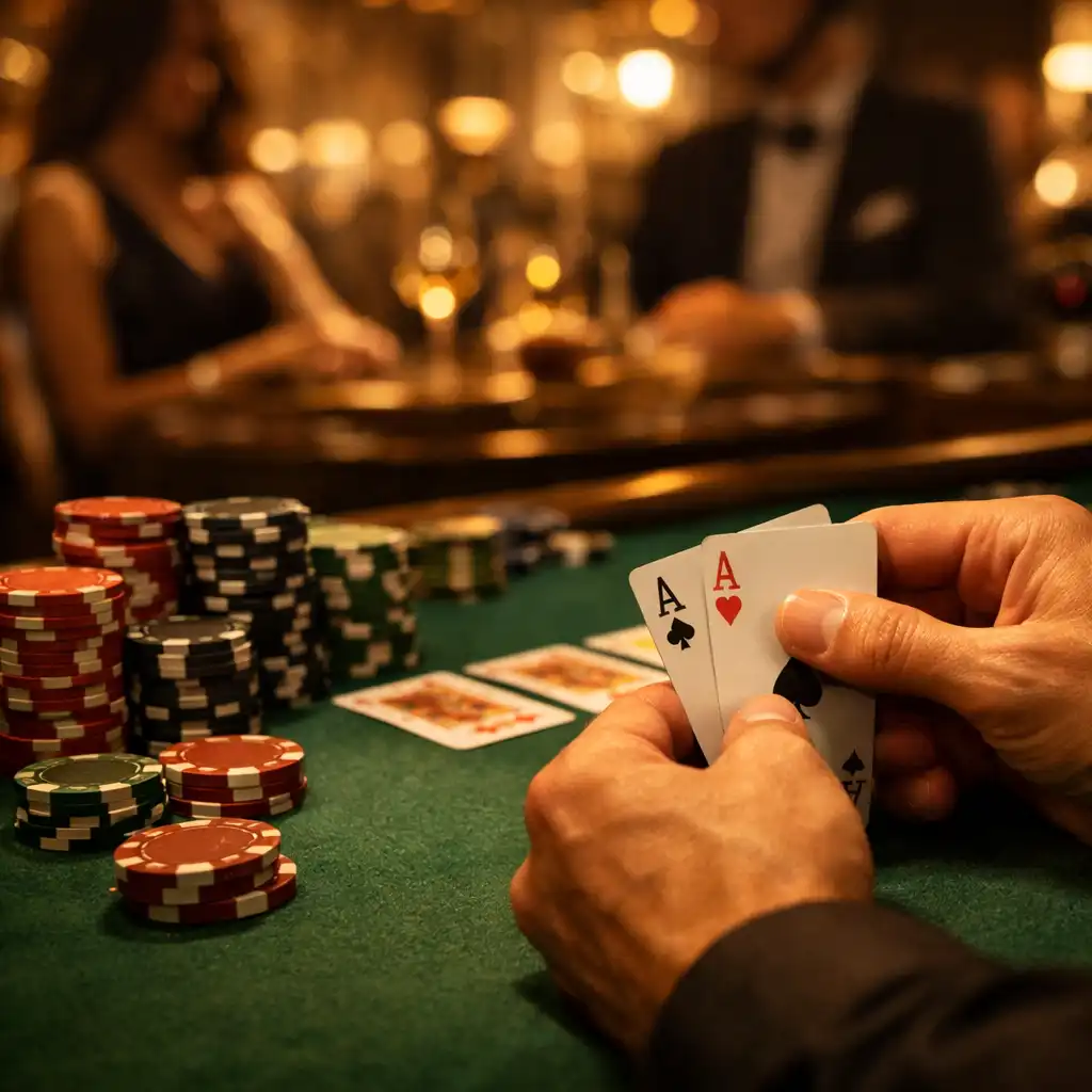 Zbliżenie stołu pokerowego z kartami i żetonami